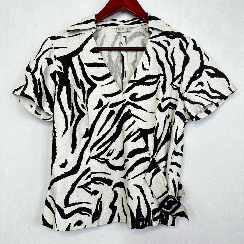 Canda Animal Print Blouse Linen Wrap Short Sleeve Formal Summer Fitted Modern